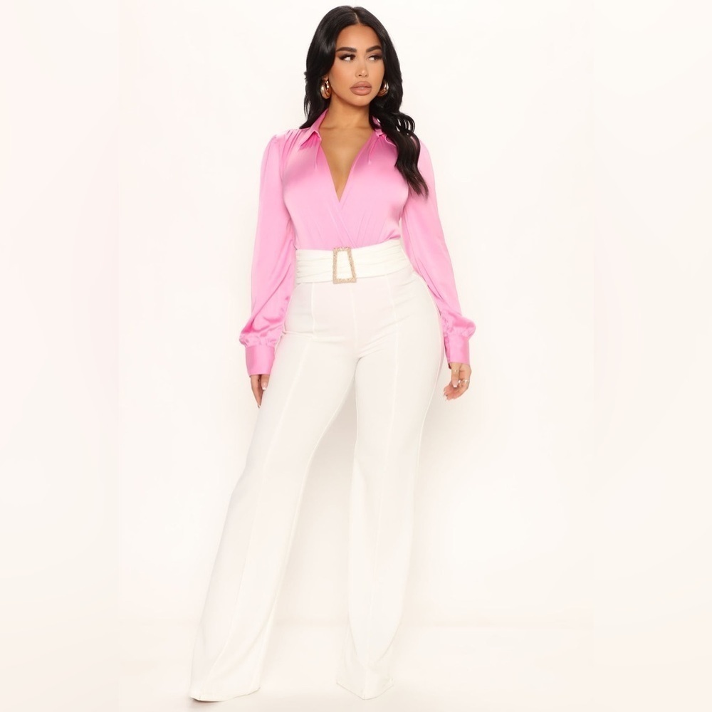 Fashion Nova Pink Satin Long Sleeve Collared Bodysuit